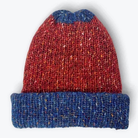 Handmade Cotton Alpaca Tweed Knit Blue Denim & Strawberry Red Unisex Beanie - Picture 10 of 10